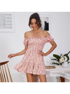 Boat Neck Off Shoulder Short Sleeve Dress