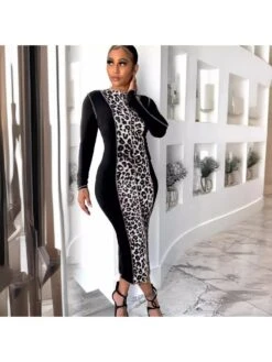 Leopard Printed Long Sleeves Maxi Dress -Women's Clothing Shop P 20240407113002898 873