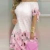 Patchwork Print Off Shoulder Short Sleeve Dress -Women's Clothing Shop P 20240408091510600 409