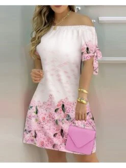 Patchwork Print Off Shoulder Short Sleeve Dress -Women's Clothing Shop P 20240408091511705 176