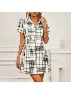 Houndstooth High Rise Fitted Short Sleeve Dress