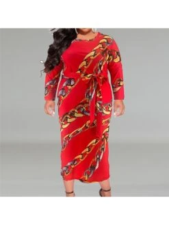 Tie-wrap High Rise Fitted Plus Long Sleeves Dress