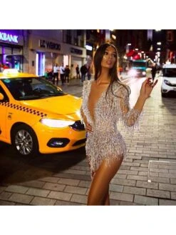 Sequin Fringe Plunging Neckline Dress -Women's Clothing Shop P 20240411090426013 297