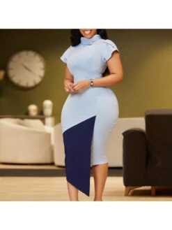 Solid Color Turtleneck Fitted Short Sleeve Dress -Women's Clothing Shop P 20240411095245299 463