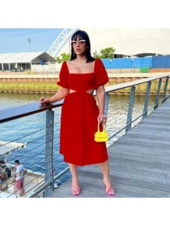 Square Neck Cutouts Lantern Sleeve Dress