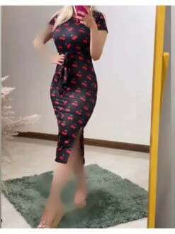 Cherry Printed Bandage Split Hem Dress