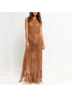 Fringe See Through Lace-Up Backless Dress