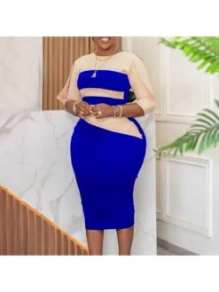 Colorblock Crewneck Zipper Midi Dress