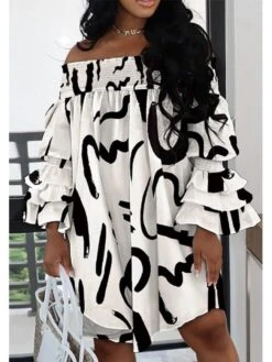 Printed Layered Sleeves Off Shoulder Dress