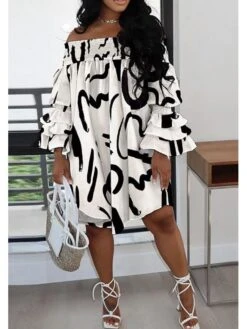 Printed Layered Sleeves Off Shoulder Dress -Women's Clothing Shop P 20240412113502508 616