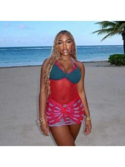 Knitted Colorblock Halter Backless Mini Dress