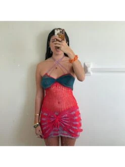 Knitted Colorblock Halter Backless Mini Dress -Women's Clothing Shop P 20240412183502926 891