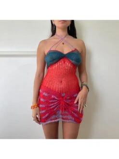 Knitted Colorblock Halter Backless Mini Dress -Women's Clothing Shop P 20240412183503412 445
