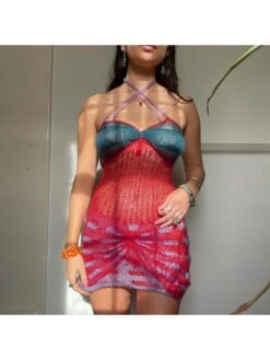 Knitted Colorblock Halter Backless Mini Dress -Women's Clothing Shop P 20240412183503978 537