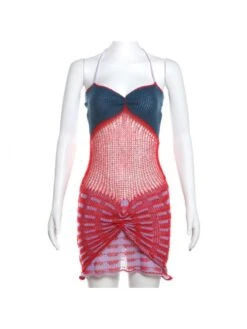 Knitted Colorblock Halter Backless Mini Dress -Women's Clothing Shop P 20240412183505566 563