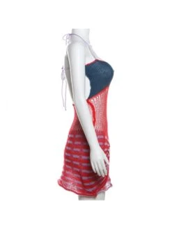 Knitted Colorblock Halter Backless Mini Dress -Women's Clothing Shop P 20240412183506063 671