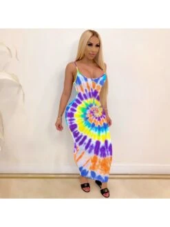 Colorblock Tie Dye Spaghetti Straps Maxi Dress
