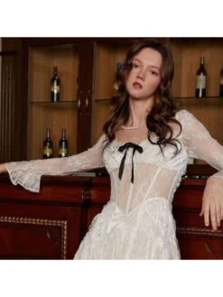 Patchwork Square Neck Lace Long Sleeves Dress -Women's Clothing Shop P 20240415141012579 828