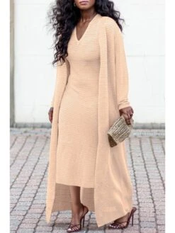 Rib V Neck Maxi Dress Shawl 2 Piece Sets