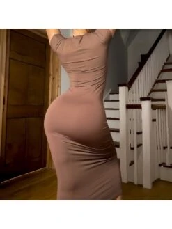 Solid Color Bodycon Short Sleeve Maxi Dress -Women's Clothing Shop P 20240416101503291 166