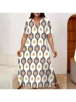 Colorblock Geometric Pattern Loose Short Sleeve Dress