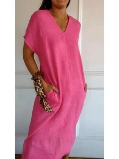 Solid Color Cotton Mid-rise Short Sleeve Dress -Women's Clothing Shop P 20240416155012234 129