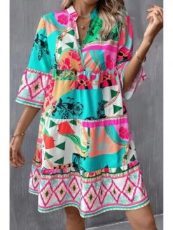 Print V Neck Loose Bohemian Dress -Women's Clothing Shop P 20240416160005180 760