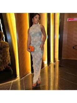 Fringe See Through Sleeveless Maxi Dress