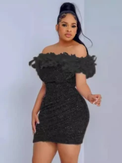 Feather Sequin Ruched Off Shoulder Mini Dress