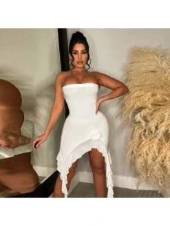 Flower Irregular Ruffle Strapless Dress