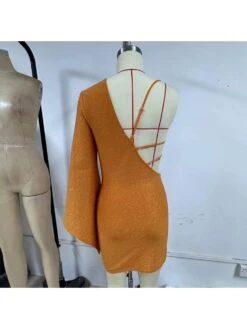 Sequin One-shoulder Starfish Trumpet Sleeve Dress -Women's Clothing Shop P 20240419083044172 494