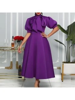 Bow Solid Color High Rise Short Sleeve Dress