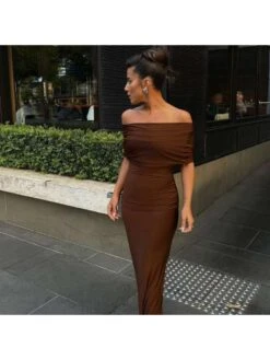 Solid Color Boat Neck Backless Short Sleeve Dress -Women's Clothing Shop P 20240419174011696 579