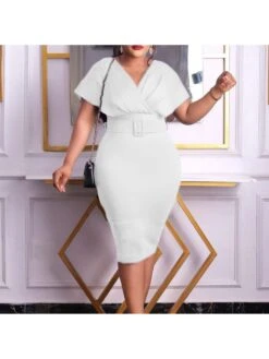 Ruched Solid Color V Neck Midi Dress -Women's Clothing Shop P 20240420101001837 472