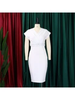 Ruched Solid Color V Neck Midi Dress -Women's Clothing Shop P 20240420101002862 867