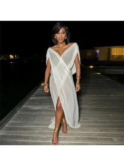 See Through High Rise Baggy Short Sleeve Maxi Dress -Women's Clothing Shop P 20240420153515854 475