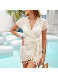 Lace Up See Through Lace-Up Short Sleeve Dress -Women's Clothing Shop P 20240422172004372 482