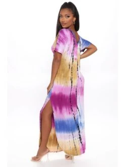 Patchwork Tie Dye Print V Neck Short Sleeve Dress -Women's Clothing Shop P 20240425165512814 738