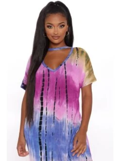 Patchwork Tie Dye Print V Neck Short Sleeve Dress -Women's Clothing Shop P 20240425165513307 104