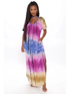 Patchwork Tie Dye Print V Neck Short Sleeve Dress -Women's Clothing Shop P 20240425165513960 117