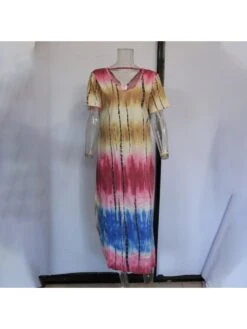 Patchwork Tie Dye Print V Neck Short Sleeve Dress -Women's Clothing Shop P 20240425165514809 666