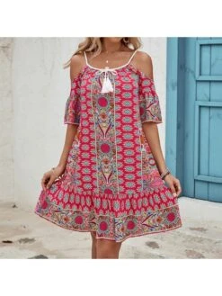 Colorblock Square Neck Loose Short Sleeve Dress