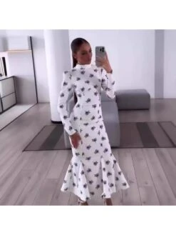 Flower Print Mermaid Long Sleeves Dress -Women's Clothing Shop P 20240430100021424 210