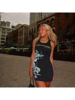 Letter Dragon Printed Sleeveless Mini Dress