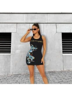 Letter Dragon Printed Sleeveless Mini Dress -Women's Clothing Shop P 20240430141524857 872