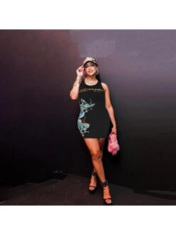 Letter Dragon Printed Sleeveless Mini Dress -Women's Clothing Shop P 20240430141525339 845