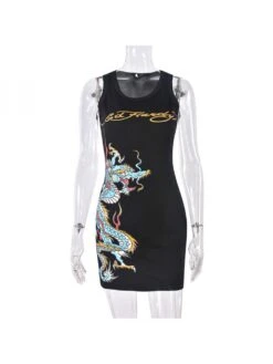 Letter Dragon Printed Sleeveless Mini Dress -Women's Clothing Shop P 20240430141525923 865