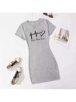 Letter Pattern Crewneck Short Sleeve Dress -Women's Clothing Shop P 20240430153520512 846
