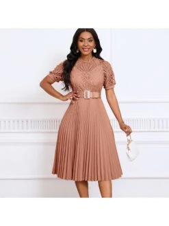 Patchwork Pleated With Belt Short Sleeve Dress -Women's Clothing Shop P 20240506155002875 256