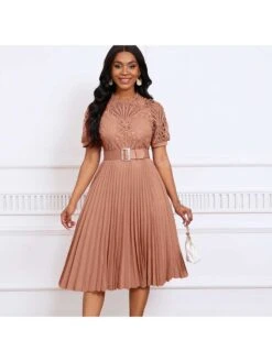 Patchwork Pleated With Belt Short Sleeve Dress -Women's Clothing Shop P 20240506155003297 858